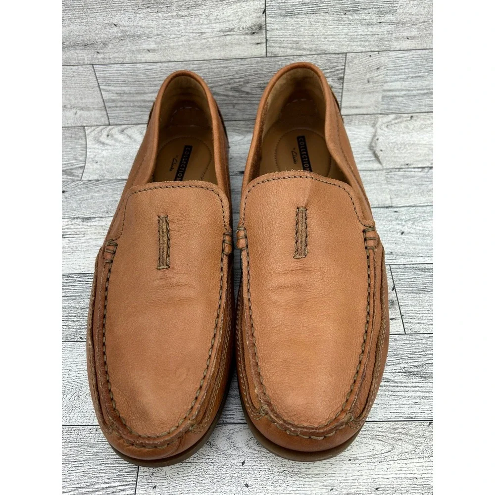 Clarks Men Tan Leather Slip On Loafers‎ Cushion Soft Shoes Sz 8.5M 261342907075